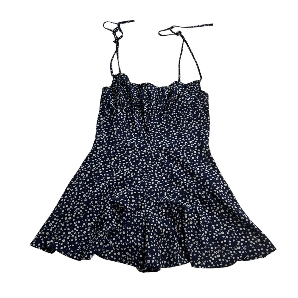Navy Blue Floral Romper Ruched Bust Tie Straps Smocked Back Mini Jumpsuit Size M